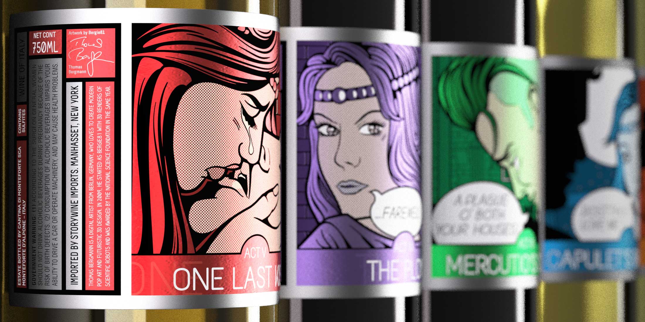 5 wine bottles in colorful Pop Art design