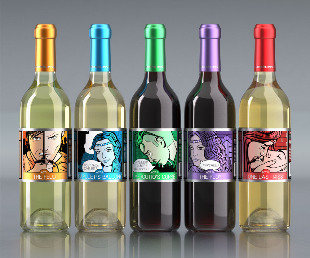 5 wine bottles in Pop Art design with a light BG