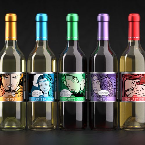 5 wine bottles in Pop Art design with a dark BG